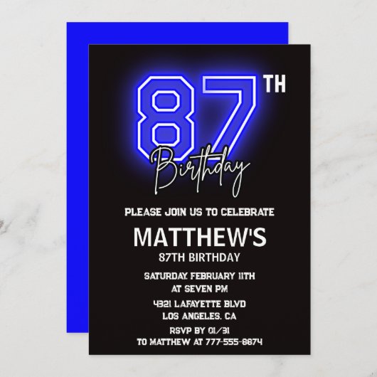 Neon Black 87. Geburtstag Einladungen Männer Sport (Vorne/Hinten)