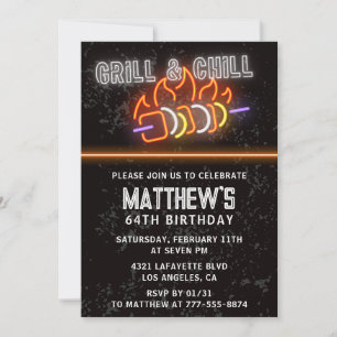 Neon Black Bbq Grill Chill 64. Geburtstag Einladung