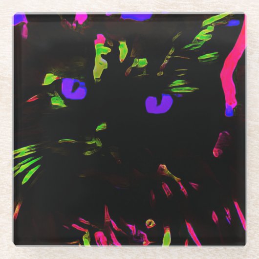 Neon Black Cat mit leuchtenden Augen Glasuntersetzer (Vorderseite)