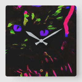 Neon Black Cat mit leuchtenden Augen Quadratische Wanduhr