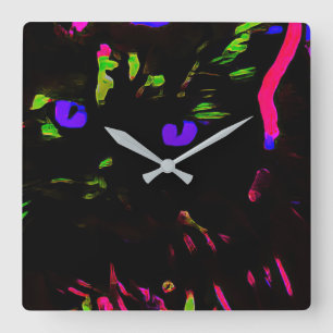Neon Black Cat mit leuchtenden Augen Quadratische Wanduhr