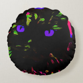 Neon Black Cat mit leuchtenden Augen Rundes Kissen