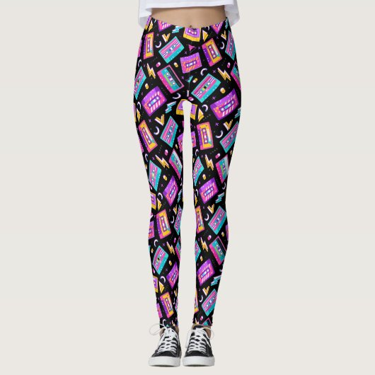 Neon & Black Trendy 80er Cassette Music Leggings (Vorderseite)