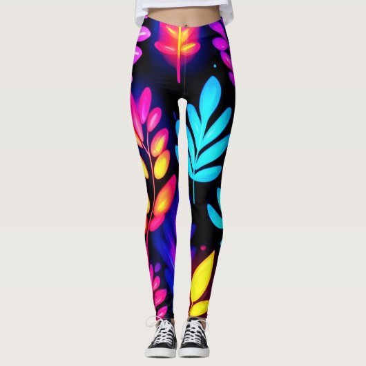 Neon Blätter Abstraktes Muster Leggings (Vorderseite)