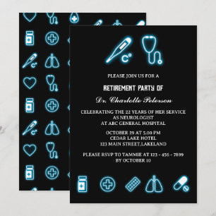 Neon Blaues Medizinisches Element Arzt Ruhestandsp Einladung