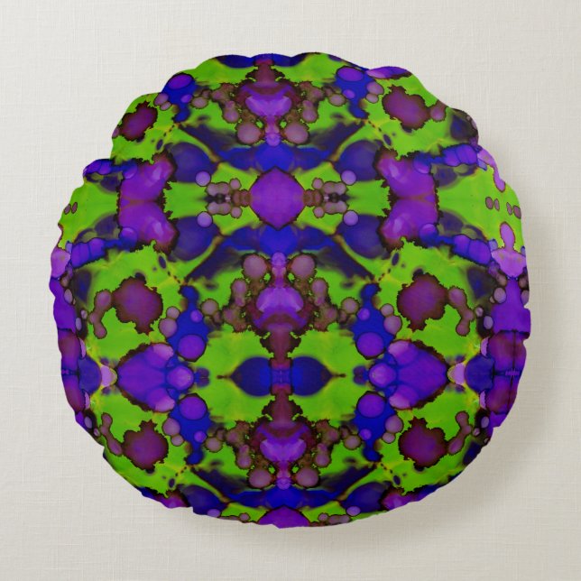 Neon Bloomstorm Rundes Kissen (Vorderseite)