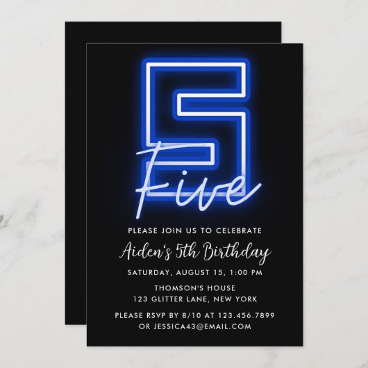 Neon Blue 5. Geburtstag Einladung (Vorne/Hinten)