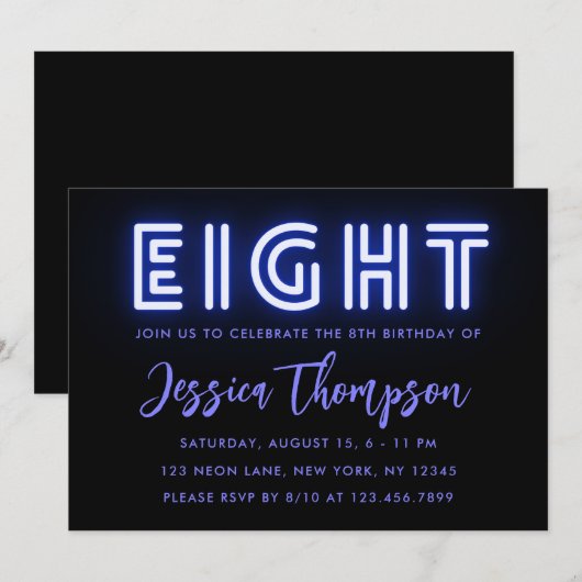 Neon Blue 8. Geburtstag Einladung (Vorne/Hinten)