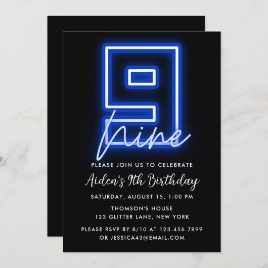 Neon Blue 9. Geburtstag Einladung (Vorne/Hinten)