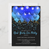 Neon Blue Ballons und Gold Confetti auf schwarz Einladung (Vorderseite)