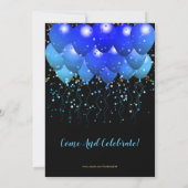 Neon Blue Ballons und Gold Confetti auf schwarz Einladung (Rückseite)