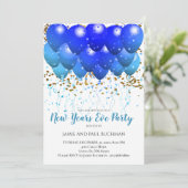 Neon Blue Ballons und Gold Confetti auf Weiß Einladung (Stehend Vorderseite)
