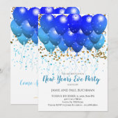 Neon Blue Ballons und Gold Confetti auf Weiß Einladung (Vorne/Hinten)