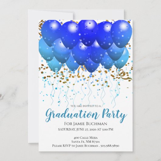 Neon Blue Balloons & Confetti Graduation Party Einladung (Vorderseite)