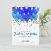 Neon Blue Balloons & Confetti Graduation Party Einladung (Stehend Vorderseite)