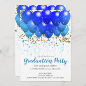 Neon Blue Balloons & Confetti Graduation Party Einladung (Vorne/Hinten)