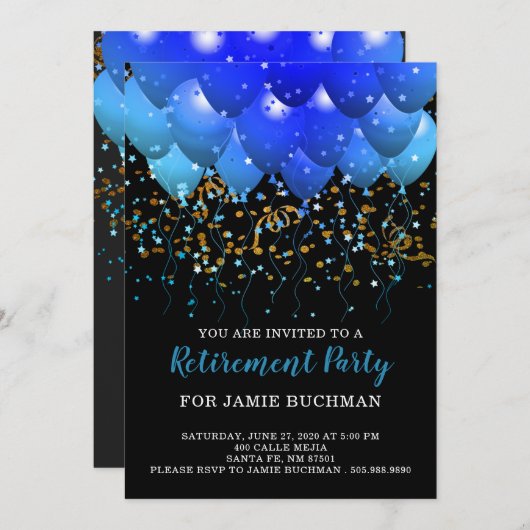 Neon Blue Balloons Pensionierung Party Einladung (Vorne/Hinten)