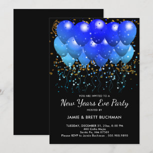Neon Blue Balloons und Gold Confetti auf schwarz Einladung