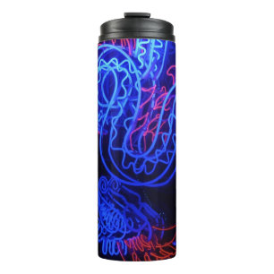Neon Blue Dragon Black Background Bright Thermosbecher