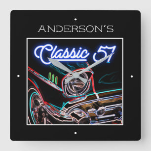 Neon Blue Effect Chevy Classic 1957 Auto Name Quadratische Wanduhr