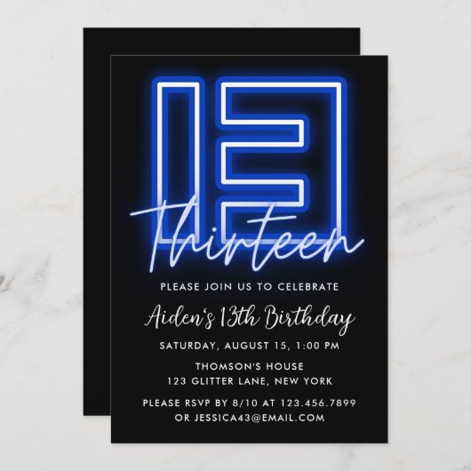 Neon Blue Einladung zum 13. Geburtstag (Vorne/Hinten)