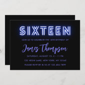 Neon Blue Einladung zum 16. Geburtstag (Vorne/Hinten)