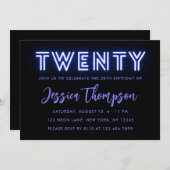 Neon Blue Einladung zum 20. Geburtstag (Vorne/Hinten)