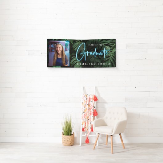 Neon Blue Graduate Tropical Blätter Foto Banner (Insitu)