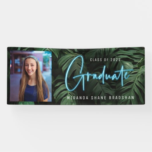 Neon Blue Graduate Tropical Blätter Foto Banner (Horizontal)