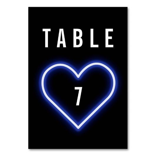 Neon Blue Heart Wedding Tischnummer (Rückseite)