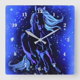 Neon Blue Horning bei Mondlicht Starry Night  Quadratische Wanduhr