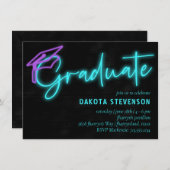 Neon Blue Light Glow | Moderner Retro-Abschluss Einladung (Vorne/Hinten)