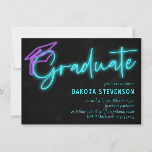 Neon Blue Light Glow | Moderner Retro-Abschluss Einladung (Vorderseite)