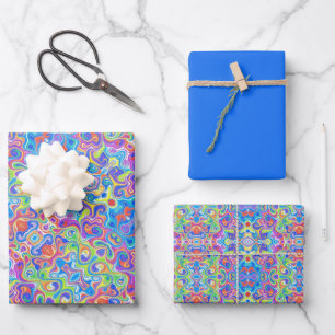 Neon Blue, Limon, Lila & Orange Swirbel Muster Geschenkpapier Set