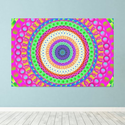Neon Blue Mandala Circle Stretched Canvas Print Leinwanddruck (Insitu (Holzboden))