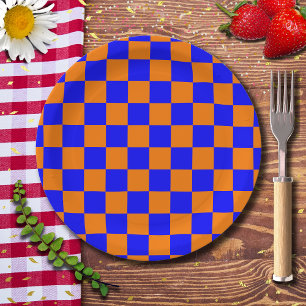 Neon Blue Orange Checkered Checkerboard Vintag Pappteller