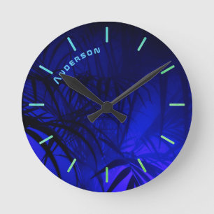Neon BLUE PALM Personalisierte Mauer Runde Wanduhr