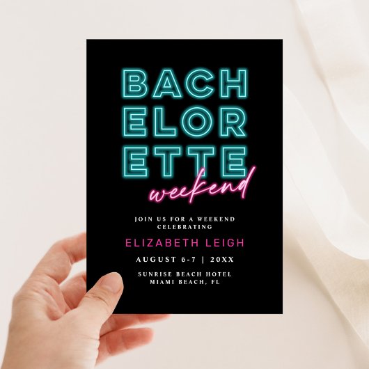 Neon Blue & Pink Bachelorette Wochenende Einladung
