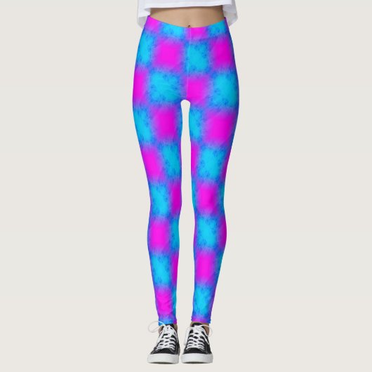 Neon Blue & Pink Checkered Pattern Leggings (Vorderseite)
