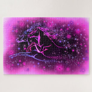 Neon Blue Pink Pair Pferde Running Jigsaw Puzzle