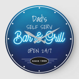 Neon Blue Script Dad's or Any Name Bar Grill Große Wanduhr