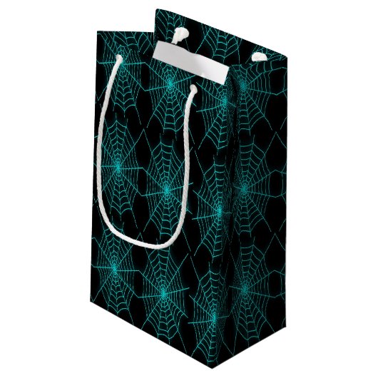 Neon Blue Spiderweb Kleine Geschenktüte (Rückseite Schrägansicht)