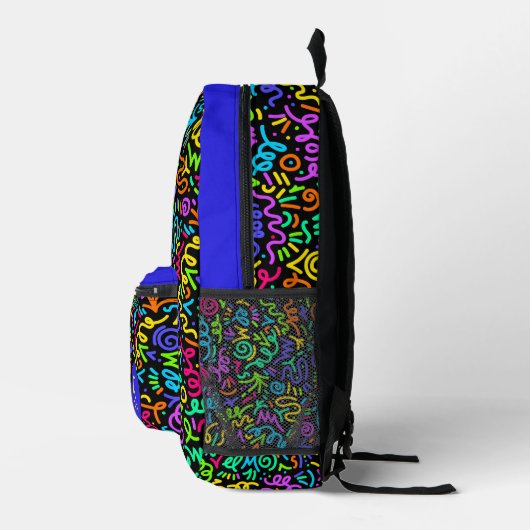 Neon Blue Squigggle Monogram Bedruckter Rucksack (Rechts)