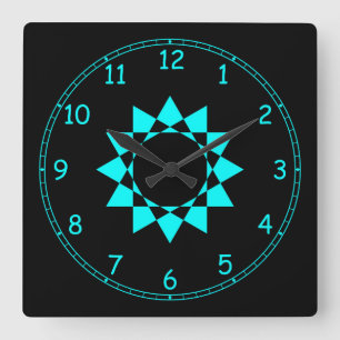 Neon Blue w/Star and Fun Frame Quadratische Wanduhr