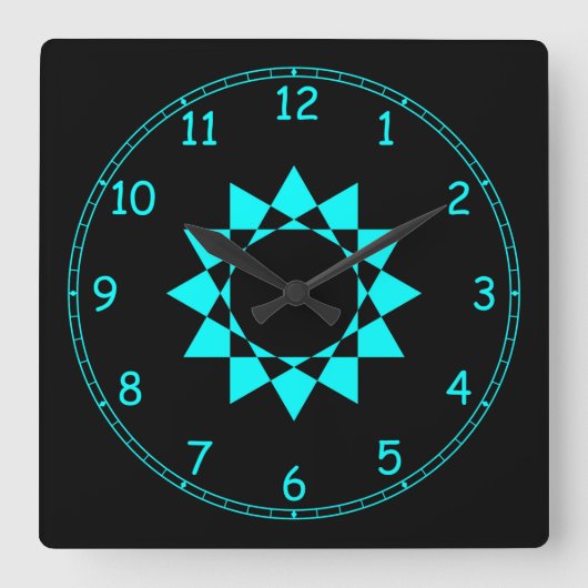 Neon Blue w/Star and Fun Frame Quadratische Wanduhr (Vorderseite)