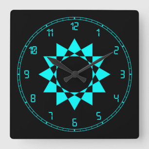 Neon Blue w/Star and Fun Frame Quadratische Wanduhr