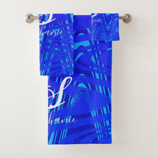 Neon Blue Wave Abstrakt Monogram Initials Nautical Badhandtuch Set (Insitu)