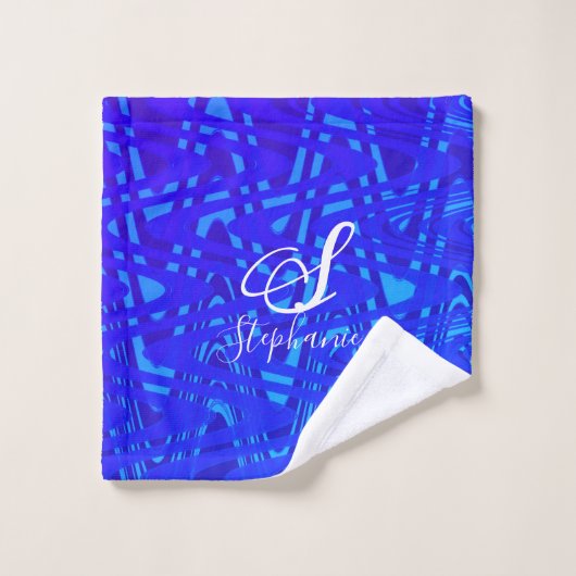 Neon Blue Wave Abstrakt Monogram Initials Nautical Badhandtuch Set (Waschlappen)