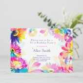 Neon Blume Gartenwasserfarbe Geburtstag Einladung (Stehend Vorderseite)