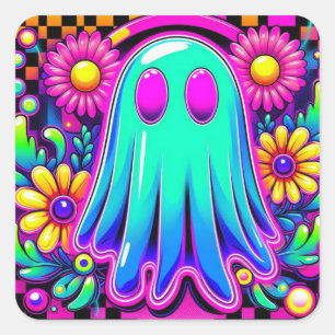 Neon-Blumen-Retro-Geist-Halloween Quadratischer Aufkleber